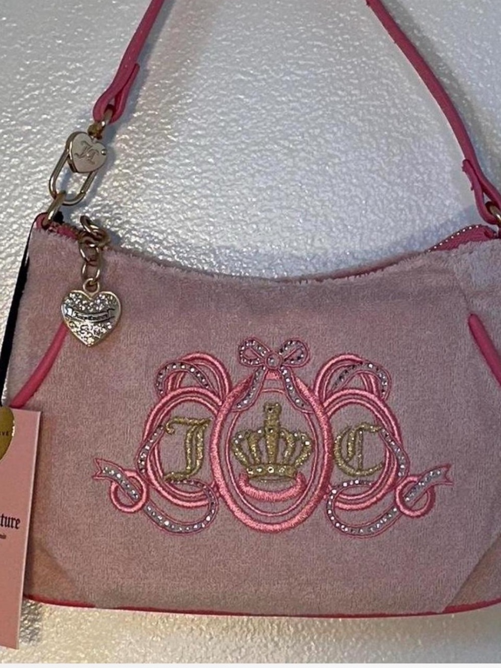 Juicy Couture Pink Suede-Look Embroidered Shoulder Bag with Gold Accents